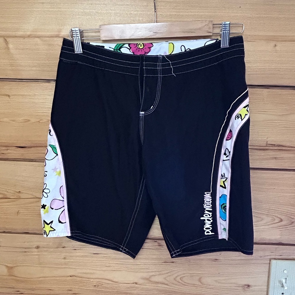 Vintage Board Shorts Womens Size 5 Black Pop Art Floral Y2K Powder Room Surfcore